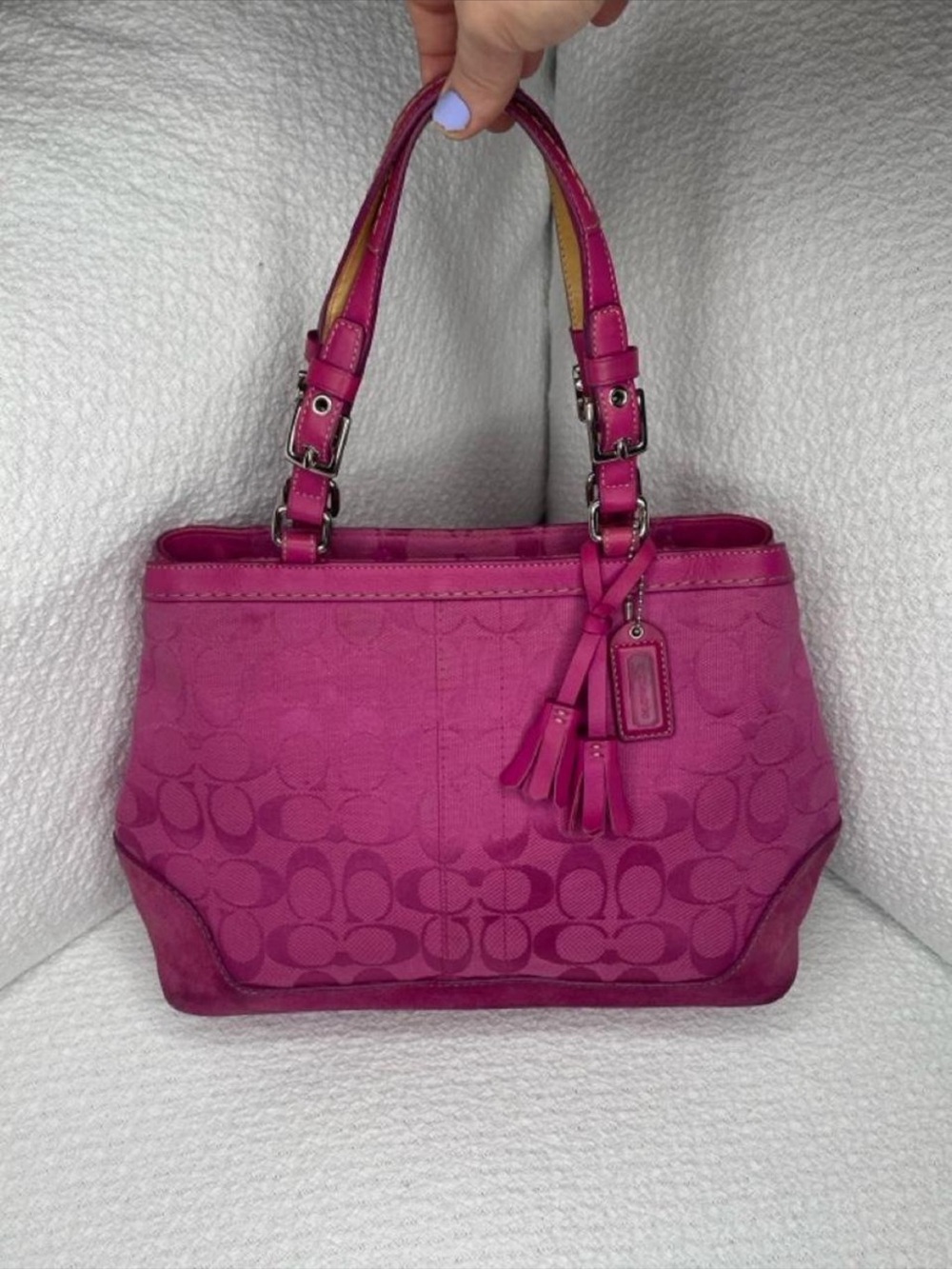 Coach Hot Pink Hamptons Signature Jacquard Canvas Bag